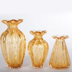 1950 Amber Set of 3 Vases with Gold Bubbles