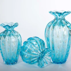 1950 Light-Blue Set of 3 Vases with Gold Bubbles