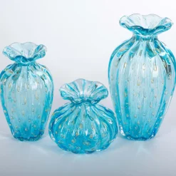 1950 Light-Blue Set of 3 Vases with Gold Bubbles