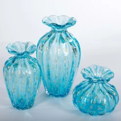 1950 Light-Blue Set of 3 Vases with Gold Bubbles