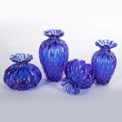 1950 Set of 2 Blue Vases with Gold Bubbles
