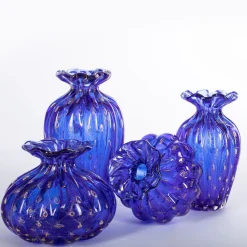 1950 Set of 2 Blue Vases with Gold Bubbles