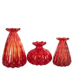 1950 Set of 3 Ruby-Red Vases with Gold Bubbles