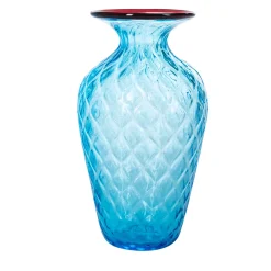 1950 Small Balloton Light-Blue Vase with Burgundy Rim