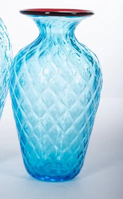 1950 Small Balloton Light-Blue Vase with Burgundy Rim