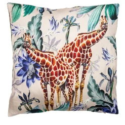 Animalia Linen Cushion With Giraffes And Blue Flowers