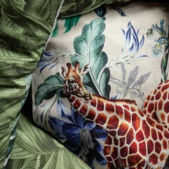 Animalia Linen Cushion With Giraffes And Blue Flowers