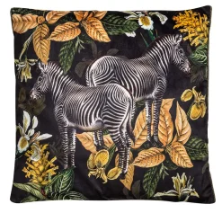 Animalia Velvet Cushion With Zebra And Yellow Flowers