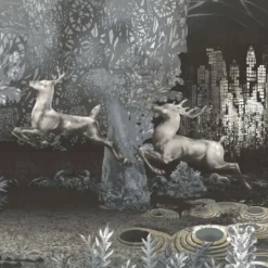 Black & Silver Gleaming Wildscape Polyester Wallcovering Fabric