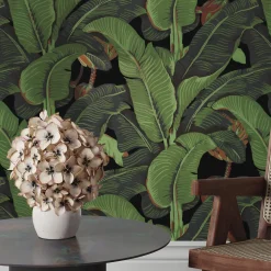 Black and Green Banana Leaf Tropical Rainforest Wallpaper