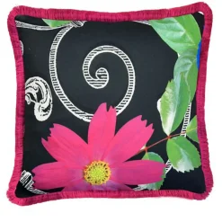 Black Flower Fringed Square Cushion by Carlo Rampazzi