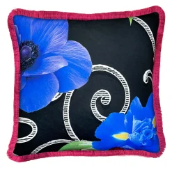 Black Flower Fringed Square Cushion by Carlo Rampazzi