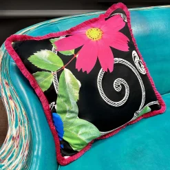 Black Flower Fringed Square Cushion by Carlo Rampazzi