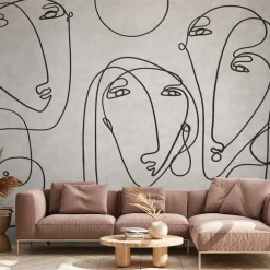 Black line singular faces textured wallpaper