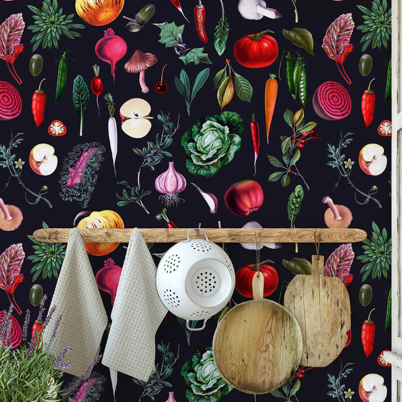 Black Vintage Vegetables Kitchen Wallpaper