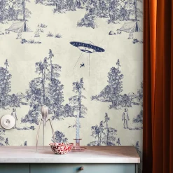 Blue Alien Abduction Toile de Jouy Wallpaper