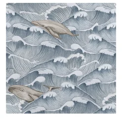 Blue and White Vintage Whale and Waves Wallpaper