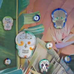 Blue and Yellow Round Skull Mirror By Bradley Theodore