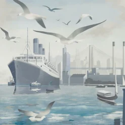 Blue, Gray & Silver From Land to Sea Polyester Wallcovering Fabric