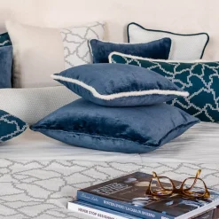 Blue Linen Velvet Carré Cushion and jacquard fabric