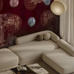 Chinese plates red and gold with peacocks motif wallpaper