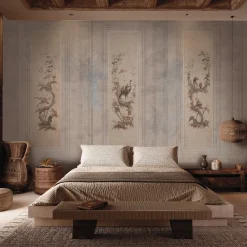 Chinoiserie beige and light blue with architectural elements Wallpaper