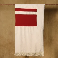 Ciconi Fringed Beige-and-Red Wool & Linen Blanket