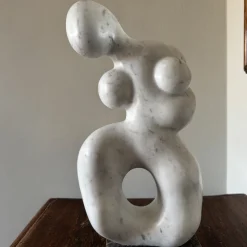 Contrazione White Carrara Marble Sculpture on Granite Base by Piero Speranza