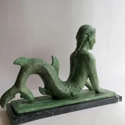 Etruscan Siren Bronze Ceramic Sculpture on marquinia Marble base