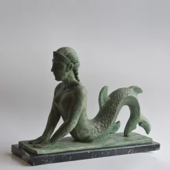 Etruscan Siren Bronze Ceramic Sculpture on marquinia Marble base