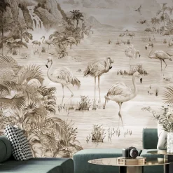 Flamingos Sepia Handcrafted Textured Wallpaper