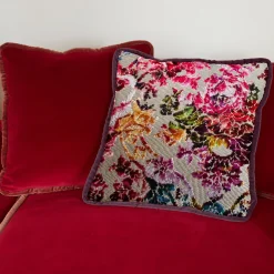 Flower Fantasy and Dark Cherry Velvet Reversible Cushion