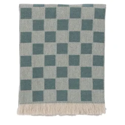 Fringed Chessboard-Patterned Green Blanket