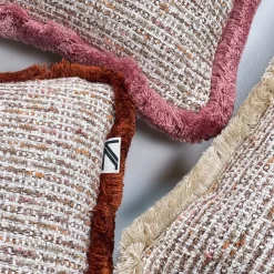 Fringed Square Pink Boucle Cushion