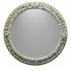 Gilded Round Mirror with Capodimonte Porcelain Roses
