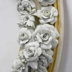 Gilded Round Mirror with Capodimonte Porcelain Roses