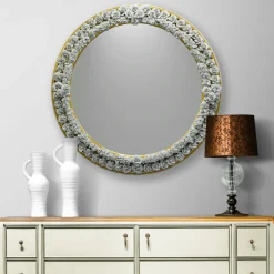 Gilded Round Mirror with Capodimonte Porcelain Roses