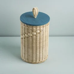 Goccia Tall Wicker Jar with Peacock Blue Lid