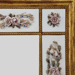 Golden Wall Mirror with Capodimonte Biscuit Porcelain and Painted Roses