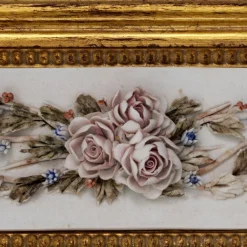 Golden Wall Mirror with Capodimonte Biscuit Porcelain and Painted Roses