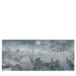 Gray & Blue Nihon Moon Cotton Wallcovering Fabric