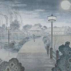 Gray & Blue Nihon Moon Cotton Wallcovering Fabric