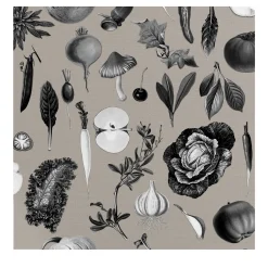 Gray Vintage Vegetables Kitchen Wallpaper