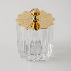 High Transparent Vanity Jar with Goldplated Art Deco Lid
