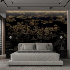 Japanese Toile yellow and black Wallpaper