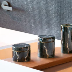 Low Black Portoro Marble Inspired Glass Jar with Lid