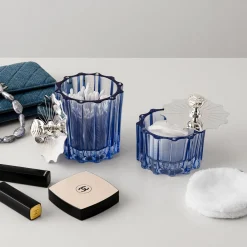 Low Blue Vanity Jar with Silverplated Art Deco Lid