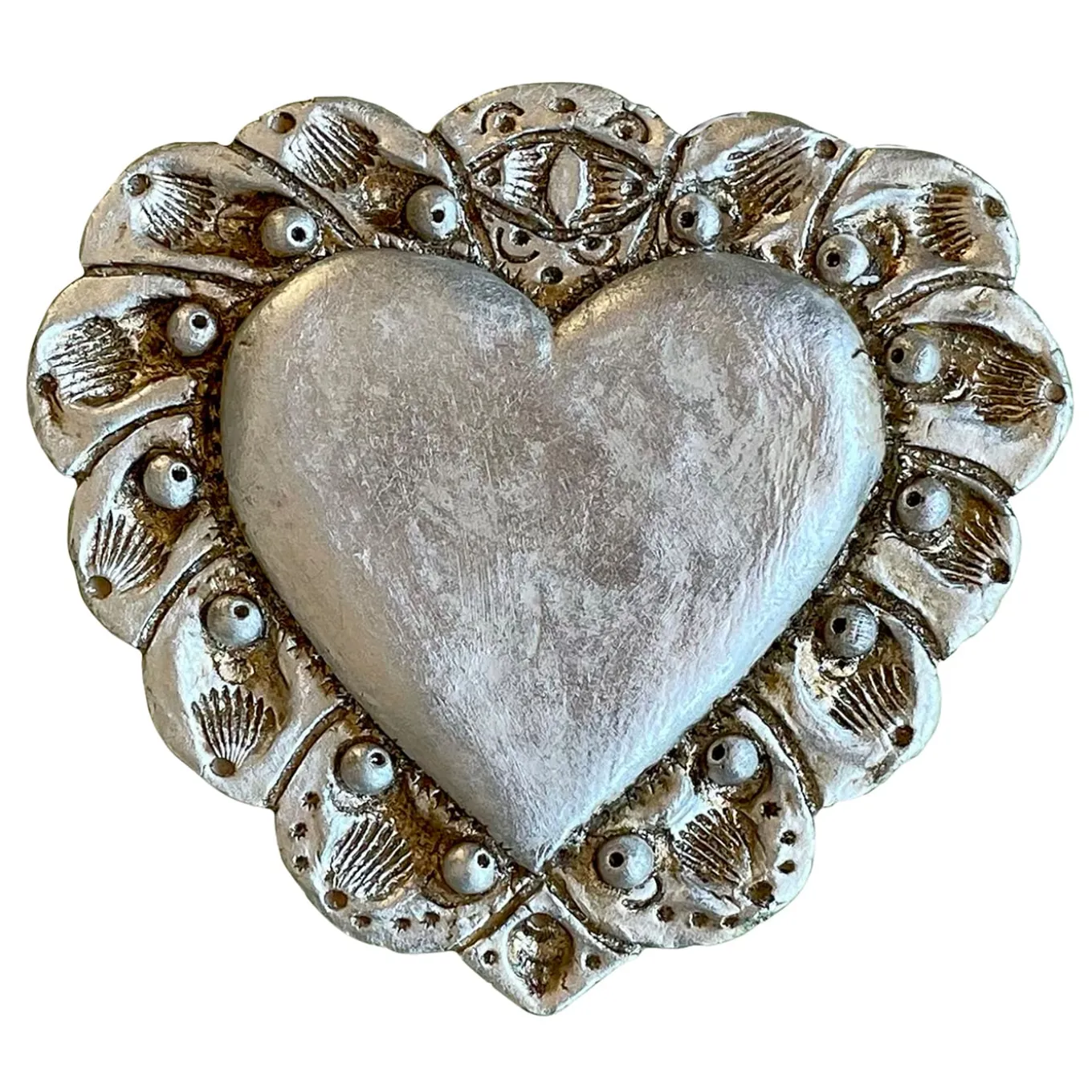 Milagros Sacred Heart Silver Plaster Wall Sculpture