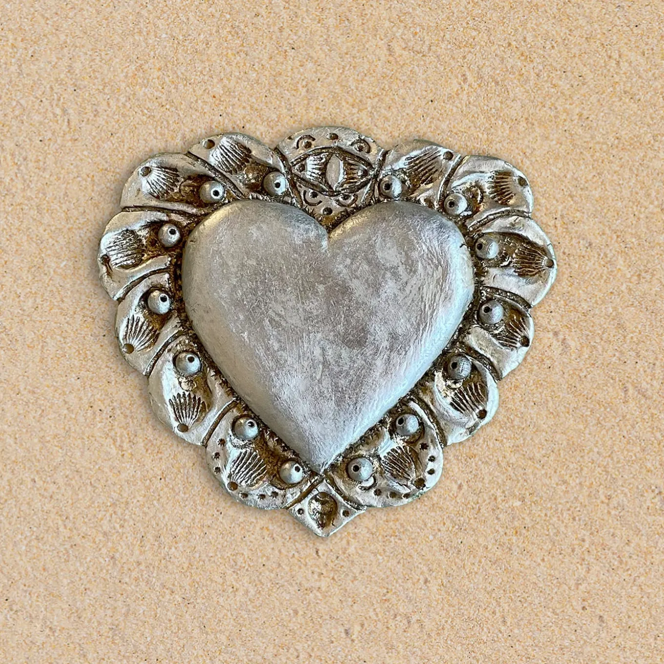 Milagros Sacred Heart Silver Plaster Wall Sculpture