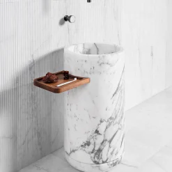 Monolithos Cylindrical Marble Washbasin with Wood Tray